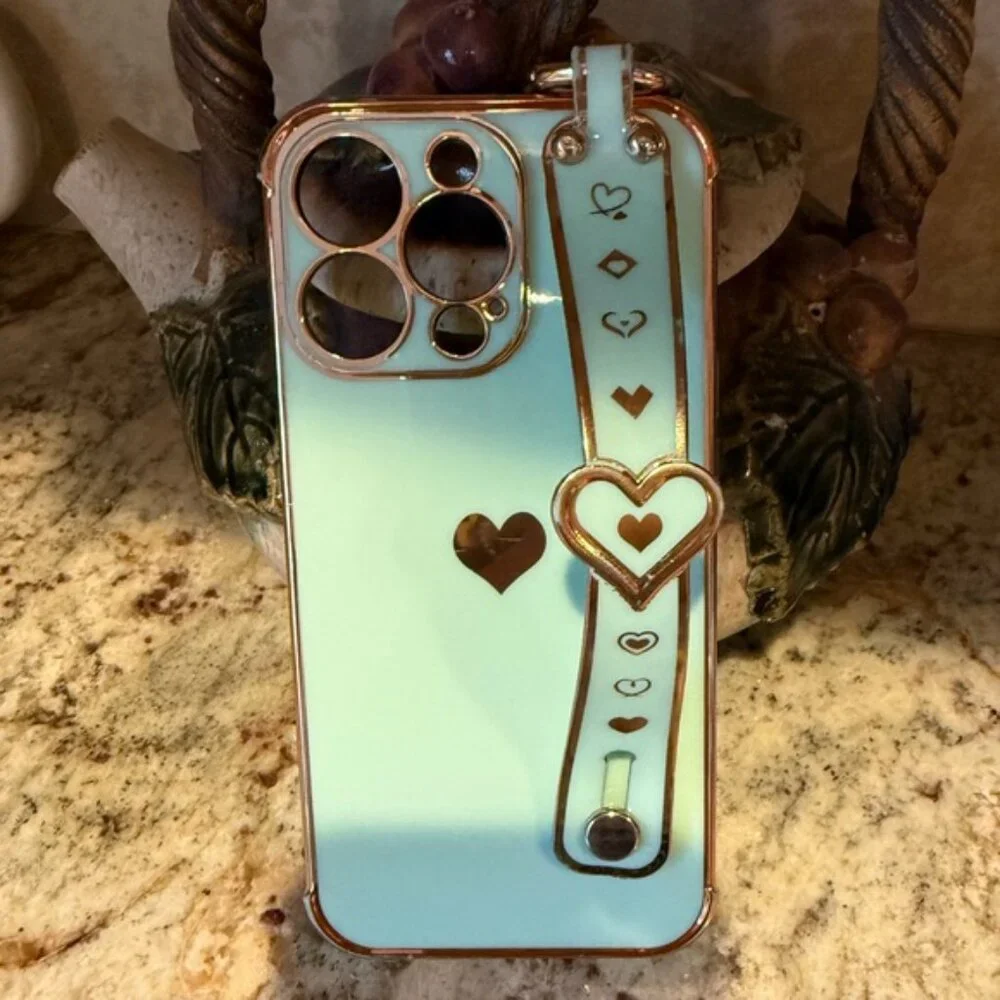 iPhone 13 Pro Mint Green & Gold Heart Phone Case with stand and ring attachments - Picture 4 of 9